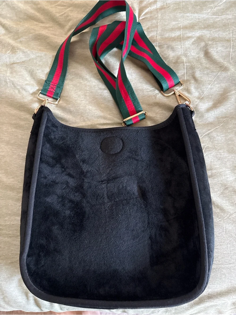 Black Women's Shoulder Bag with Green & Red Stripe Strap
